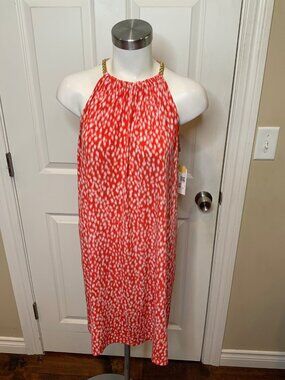 Michael Kors Dark Orange & White Spotted Sleeveless Dress W/ Gold Chain, Size M